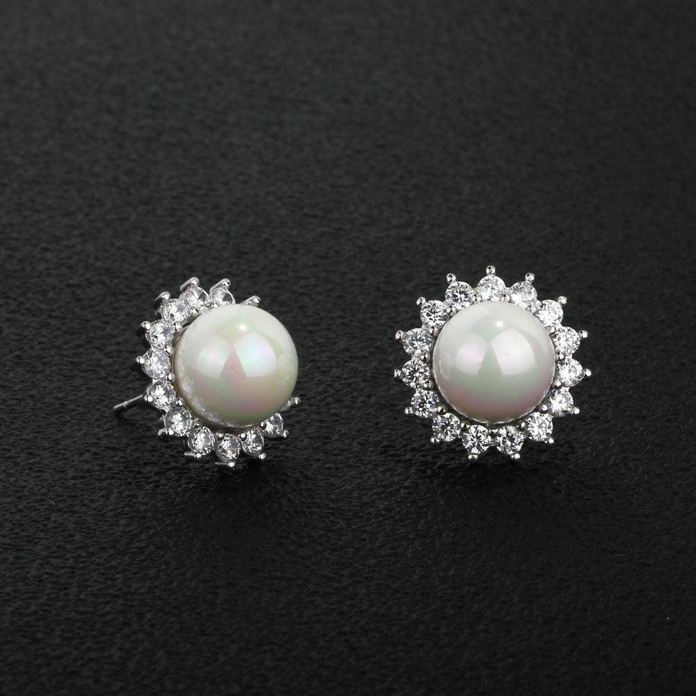 Women’s 925 Sterling Silver Pearl Stud Earrings with Cubic Zirconia - Personalized Jewel