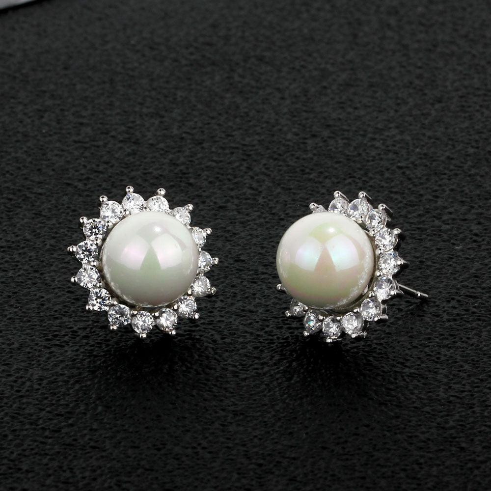 Women’s 925 Sterling Silver Pearl Stud Earrings with Cubic Zirconia - Personalized Jewel
