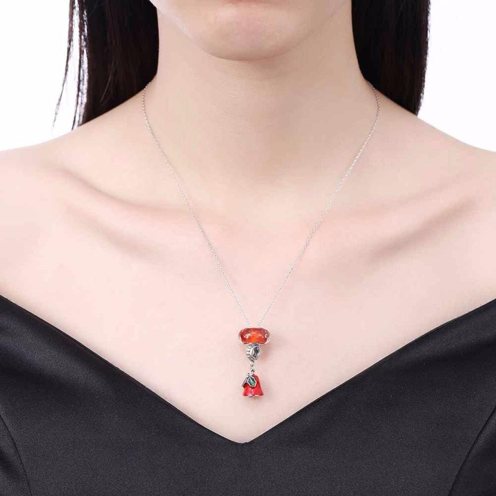 Women’s 925 Sterling Silver Solid Necklace With Red Bell Pendant, Ethnic Christmas Jewelry Gift for Girls - Personalized Jewel